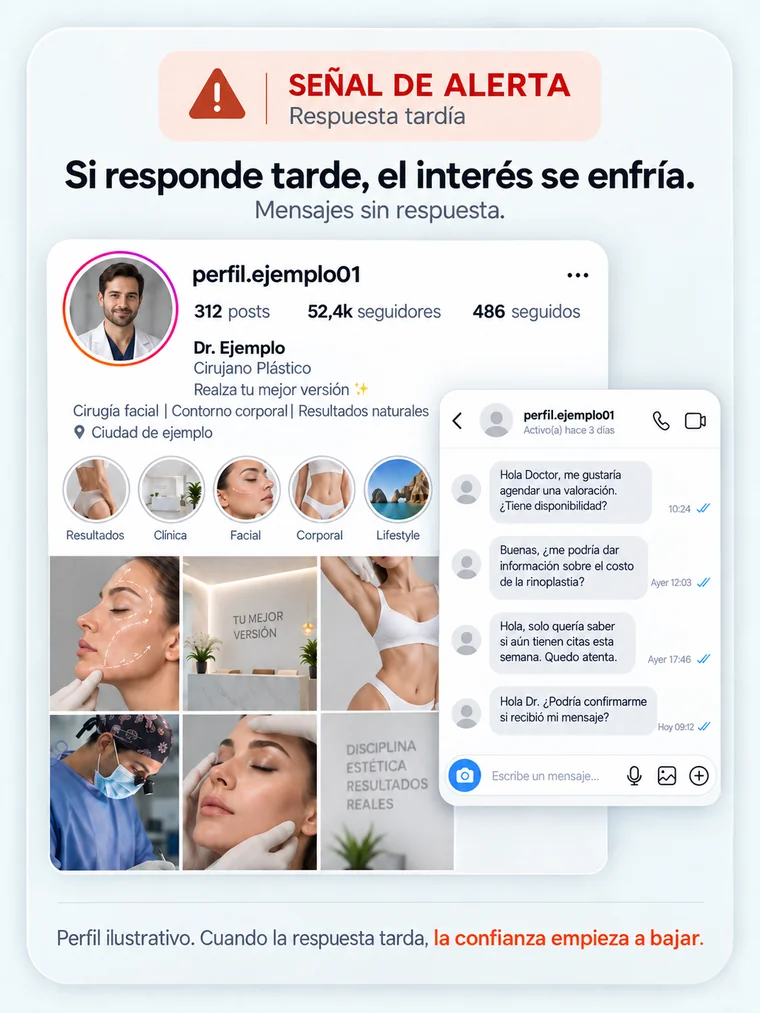 Perfil ilustrativo de un especialista con cuatro mensajes de pacientes sin responder durante varios días